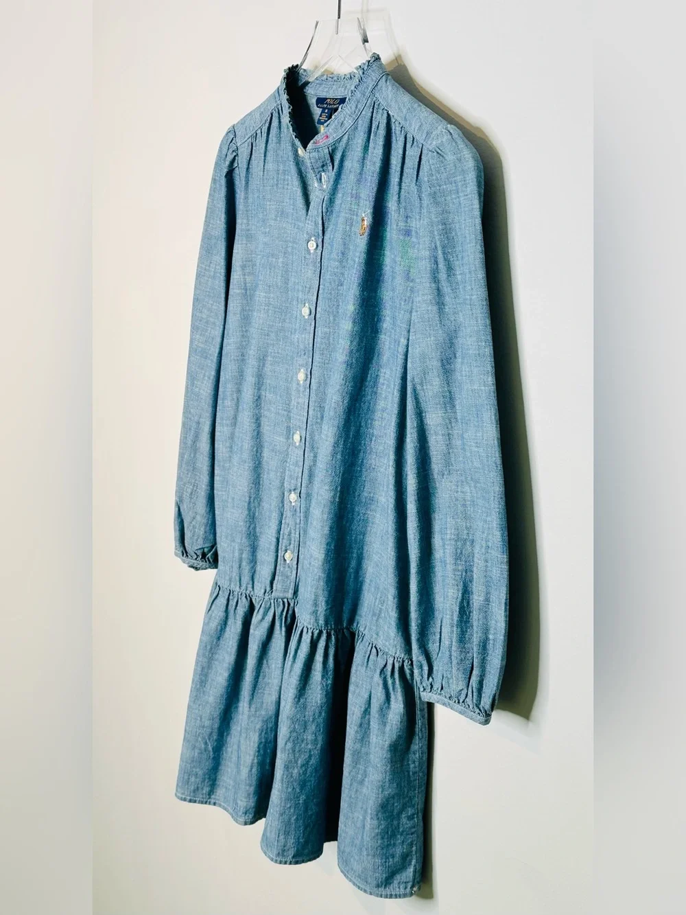 Ralph Lauren Polo Light Blue Chambray Denim Ruffle Hem Drop Waist Dress